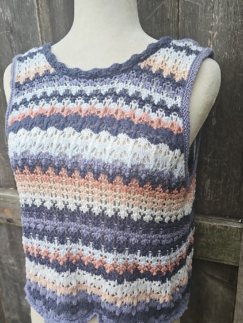 Universal Thread Striped Openwork Knit Crochet Tank Blue Beige Orange L - Picture 3 of 7